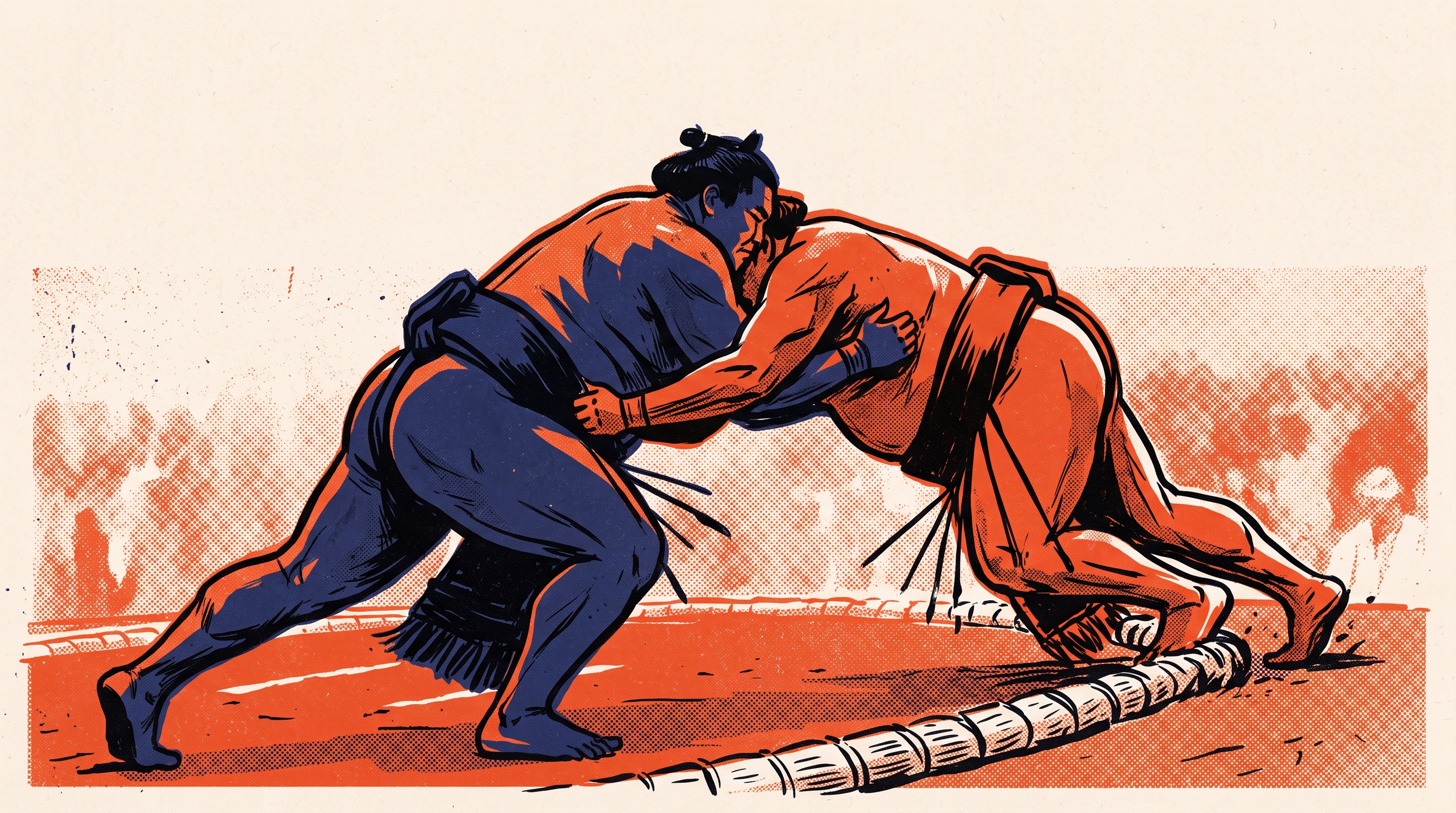 Riso-style illustration of two sumo wrestlers at the moment one drives the other toward the ring boundary
