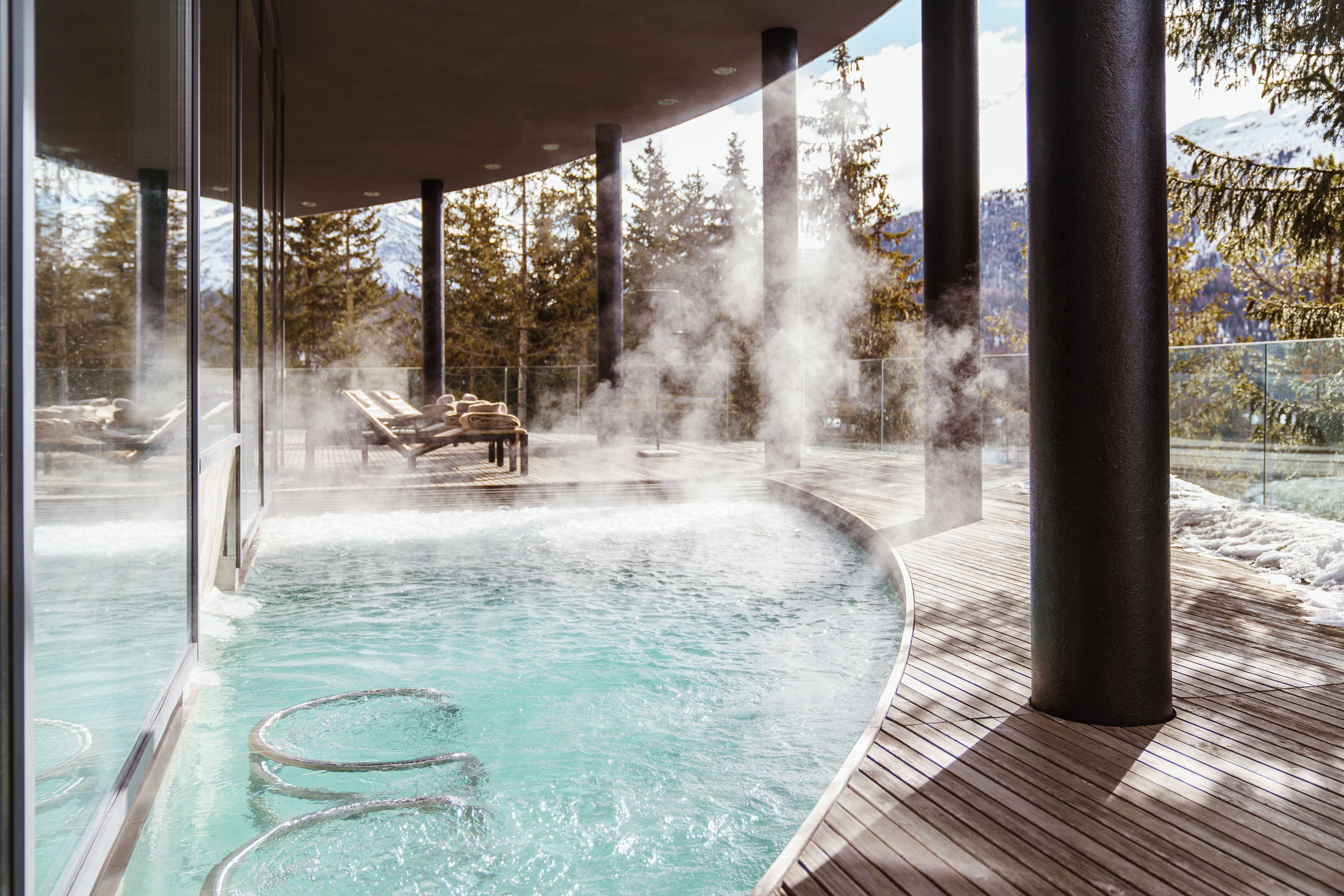 Steaming outdoor pool at Carlton Hotel St. Moritz