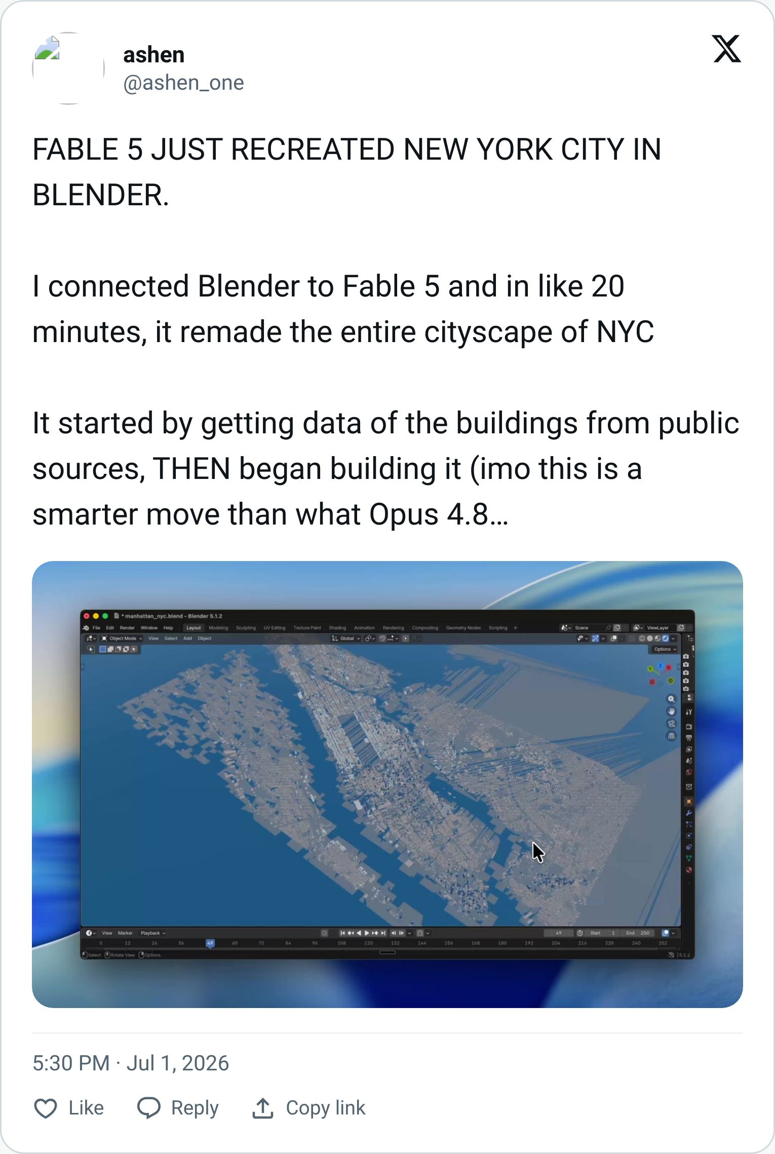 Tweet showing a large 3D city built with Blender and AI