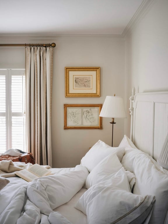 Plush white bed and framed art in a Wickwood Inn room
