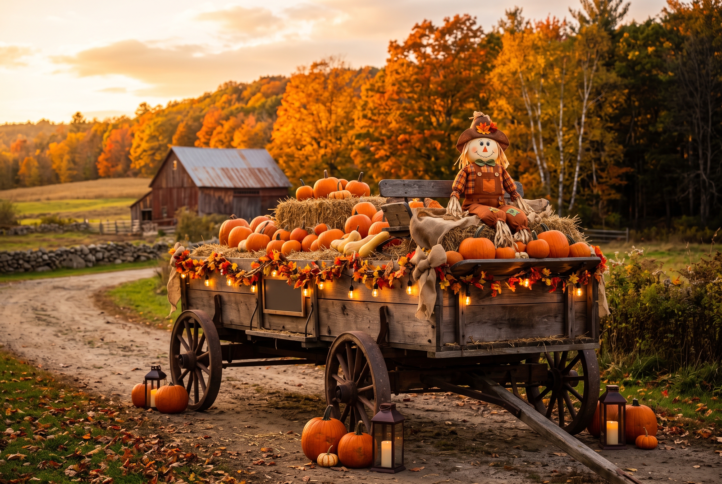Hayride wagon full of pumpkins with a scarecrow on a fall farm