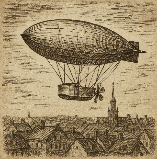 Sepia ink sketch of an early airship flying above 19th-century rooftops, cross-hatched shading, aged paper