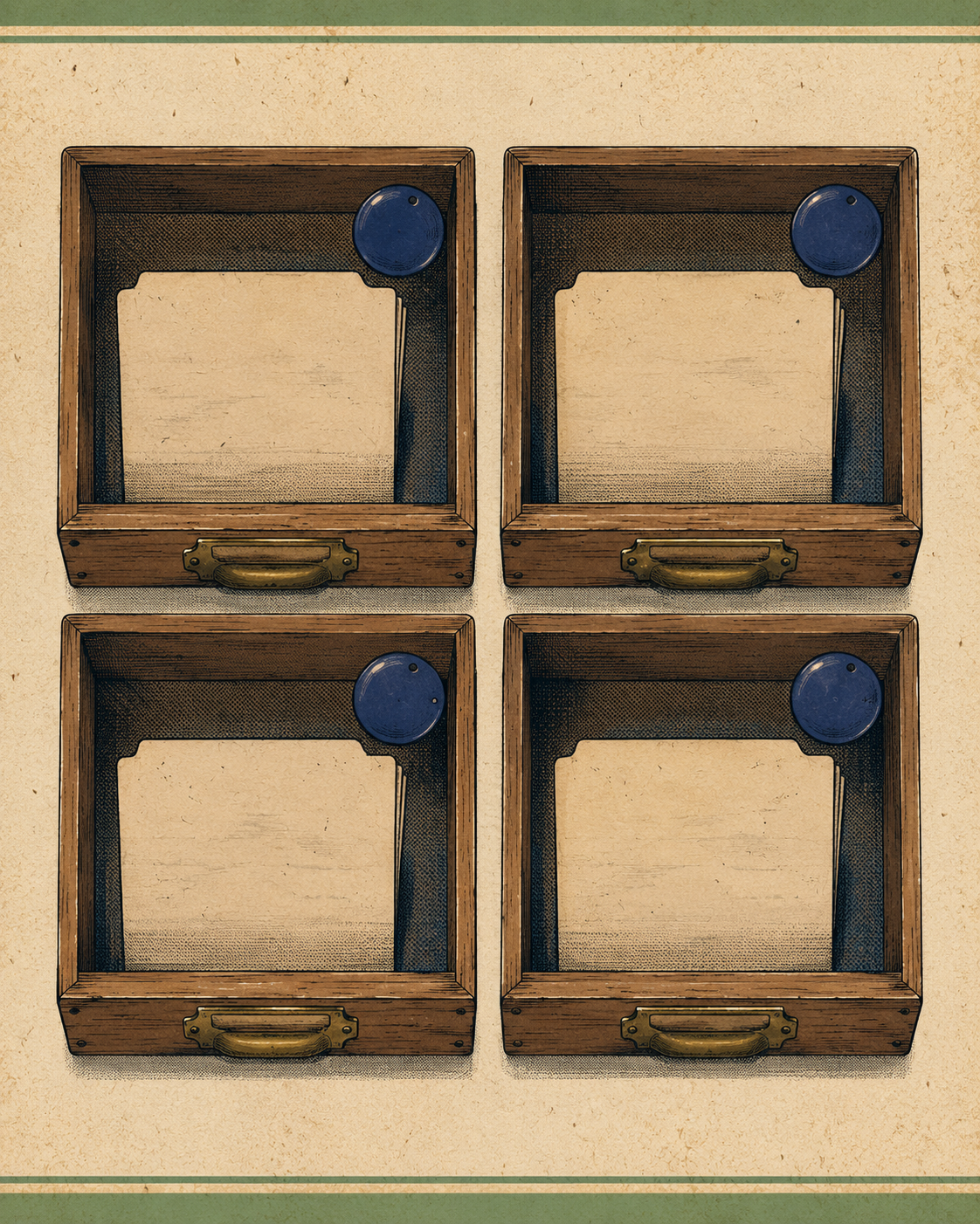 A vintage 1980s Japanese instructional poster top-down flat-lay still-life of four shallow wooden apothecary drawer bins arranged in a 2×2 grid on a cream paper ledger surface. Each bin holds one small paper card half-tucked toward the back of the tray, with a small ink-indigo ceramic round tag in the upper-right corner of each bin. Cel-shaded ink outlines, flat color blocks, visible film grain, screen-tone hatching in the bin shadows. Designed for HTML text overlay naming the four buckets.