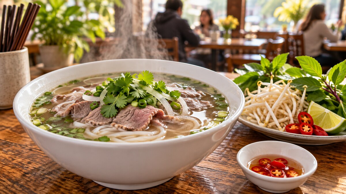 Steaming bowl of house pho at Pho Fresh in Delta BC