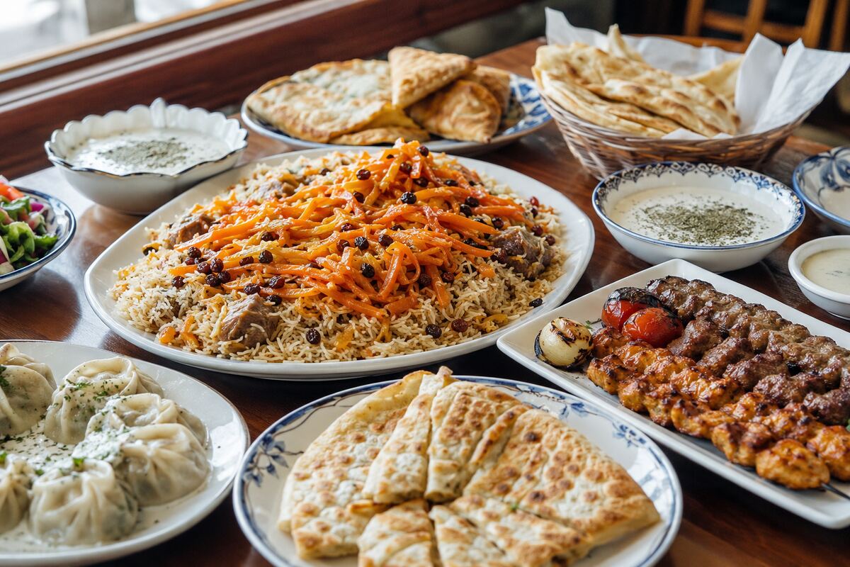 Afghan family-style meal with Kabuli palaw, grilled kebabs, bolani flatbread, mantu and yogurt dip