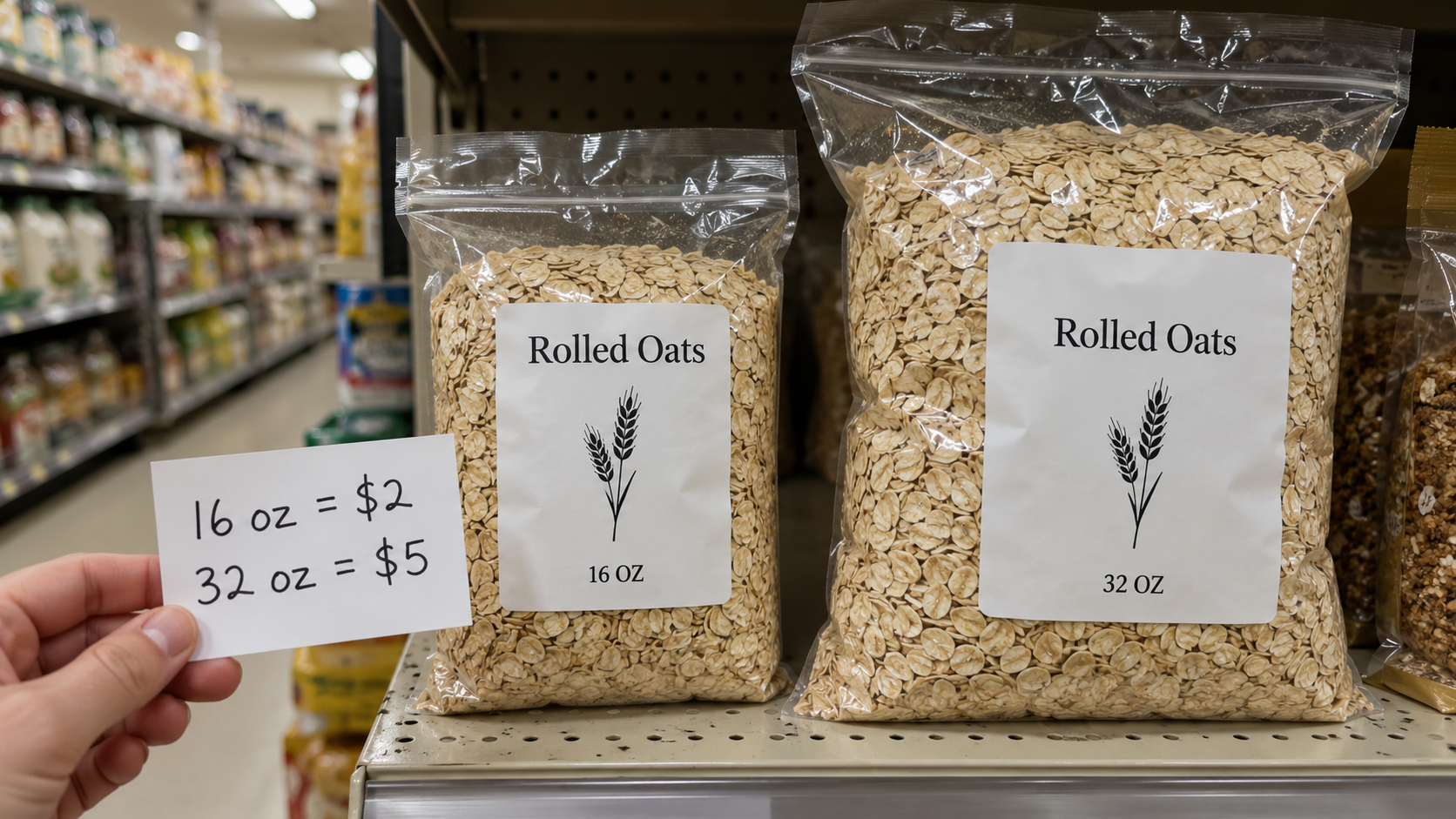 Two bags of oats with hypothetical prices showing the larger bag costs more per ounce