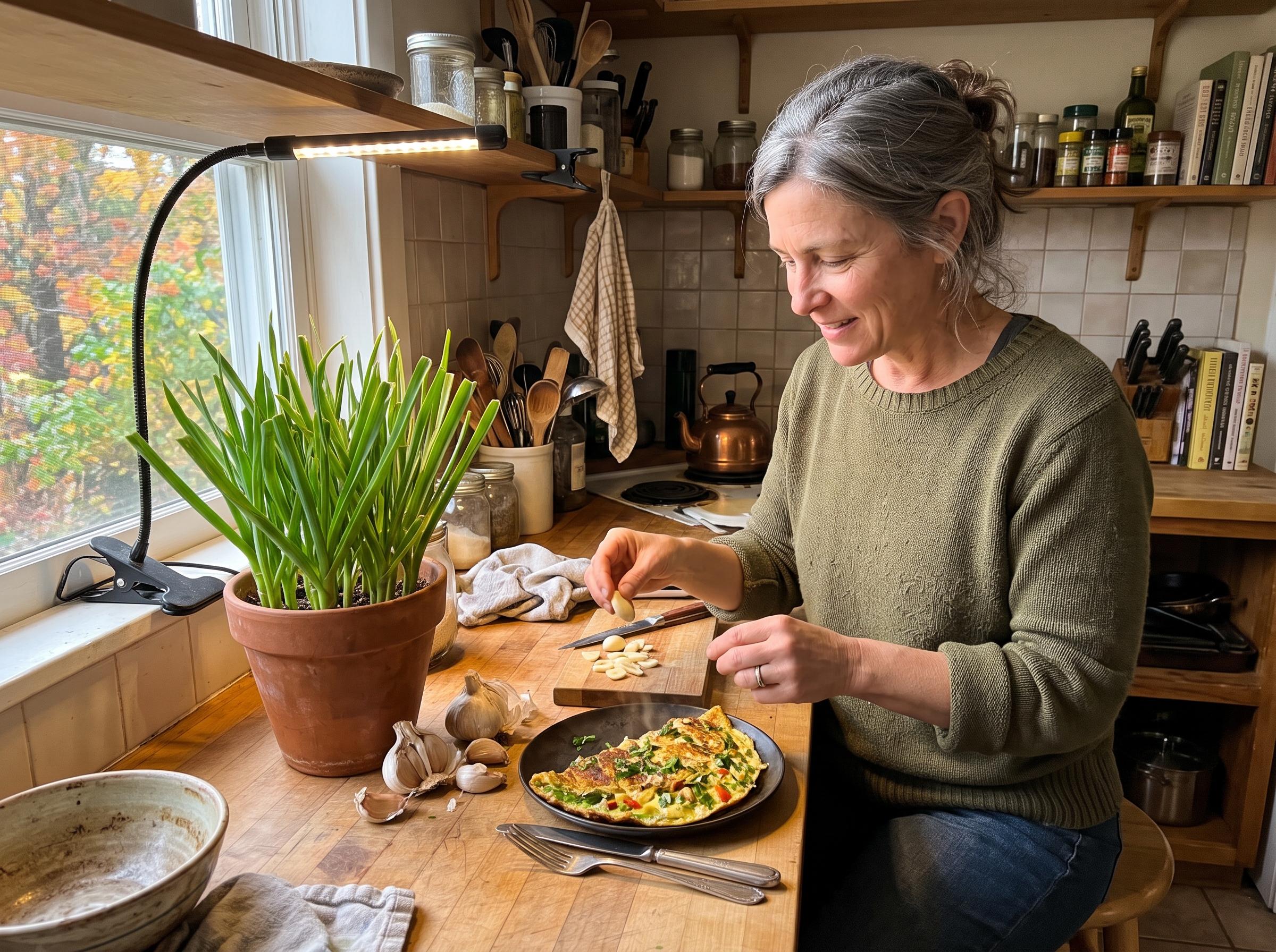 Illustrative scene: A candid smartphone photo, 52-year-old woman at ordinary kitchen counter with a single modest pot of robust garlic greens, a few whole garlic cloves and an omelet nearby