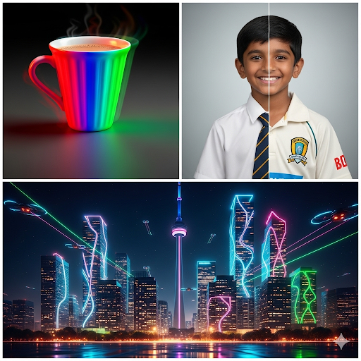 Gemini AI edits example - chai cup, consistent character, Toronto skyline with neon lights