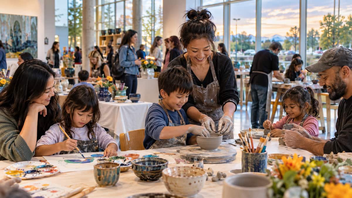 Illustration of families trying creative arts activities at a Richmond BC open-studio celebration