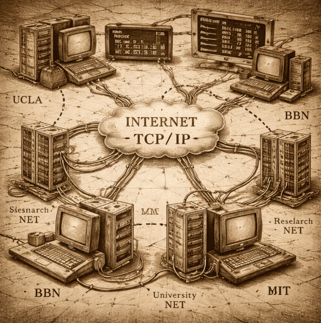 A schematic of early computer networks switching to TCP/IP routing