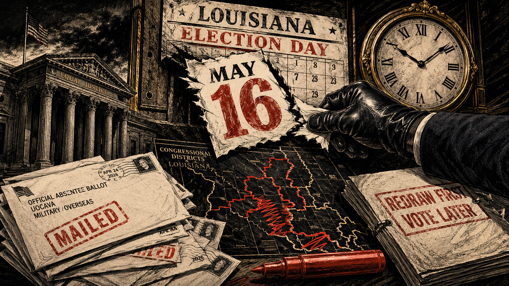 A gloved hand rips a May 16 Louisiana election calendar from a wall while mailed absentee ballots and a redrawn district map sit below.