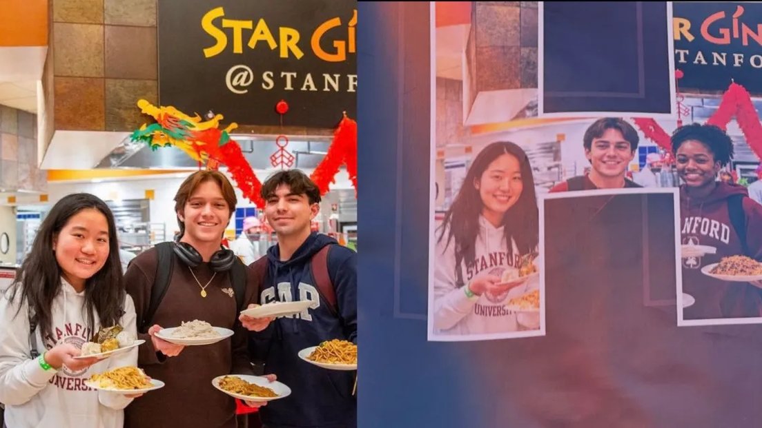 The original dinner photo beside the AI-edited version, via The Stanford Daily