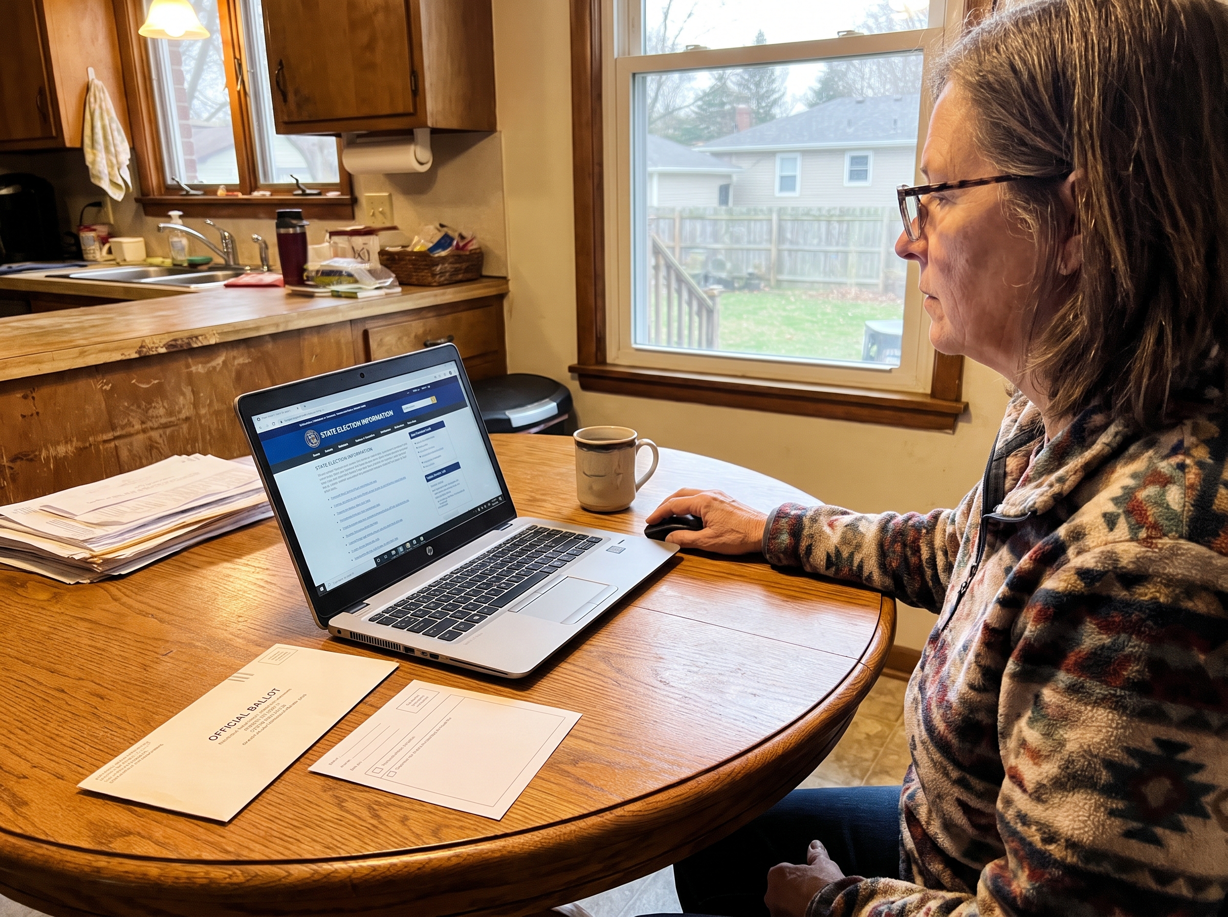 Illustrative household action: Mature woman at kitchen table checks a state election information page on laptop, unmarked ballot envelope and blank checklist beside her, no readable identity details, no marked votes.