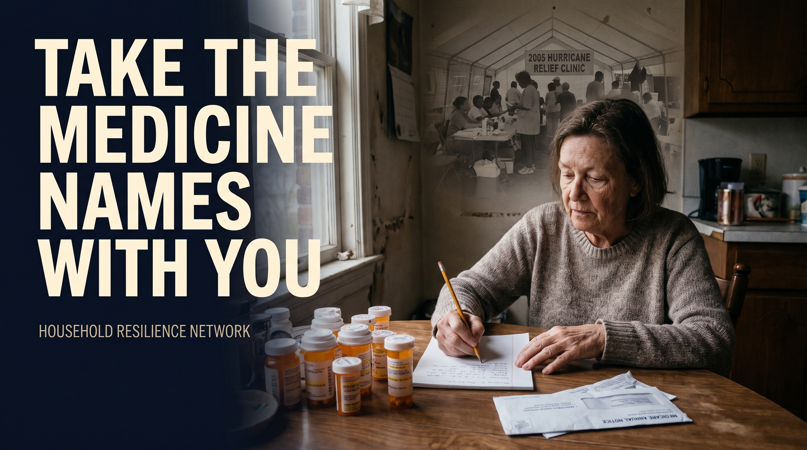 Illustrative documentary-style montage: A woman about 65 at a kitchen table copying generic medicine bottles to a paper record beside Medicare annual notice envelope. Background subtle reconstructed monochrome 2005 hurricane relief clinic. No readable private health data.