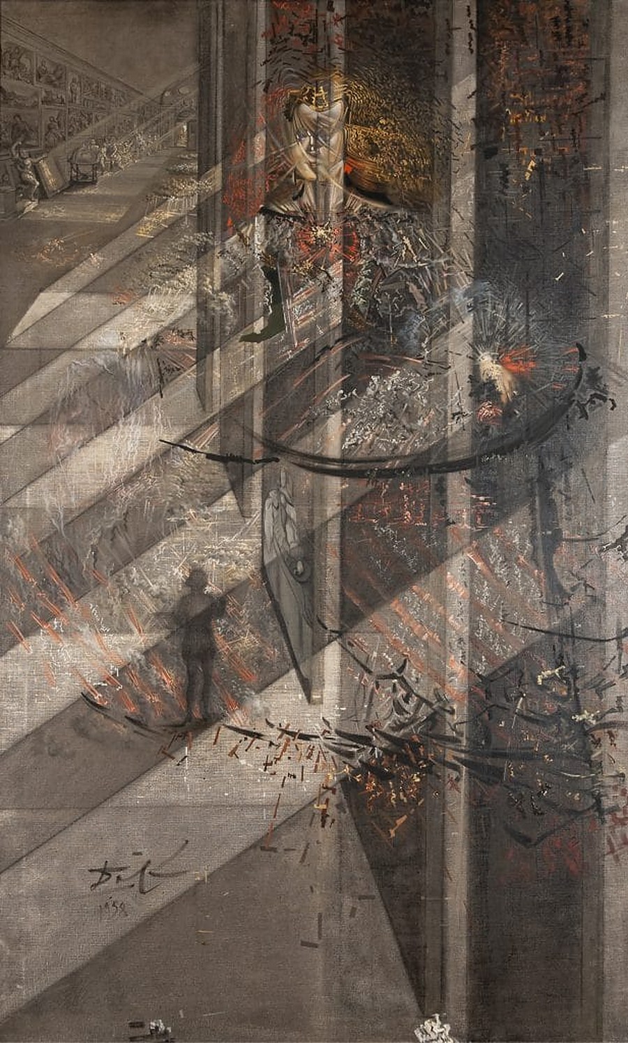 A tall surrealist painting of a figure dissolving into shafts of light in a dark museum hallway