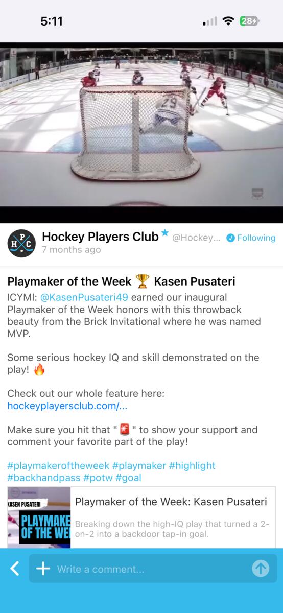 Kasen Pusateri — Playmaker of the Week post in the HPC app