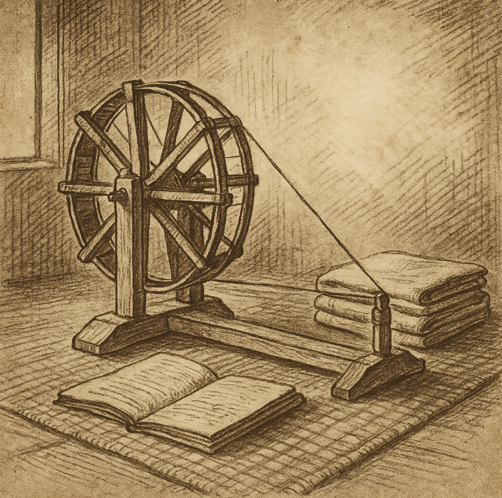 Sepia illustration of Mahatma Gandhi seated cross-legged, writing or spinning khadi cloth