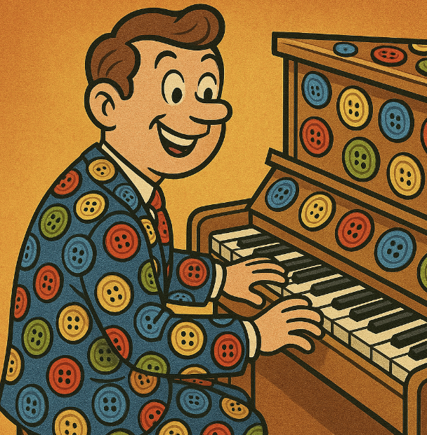 A man in a button-covered suit playing a button-decorated piano, with a fun, cartoonish vibe - Vibrant colors, cartoon style with exaggerated content. An art style mix of Family Circus and The Jetsons.