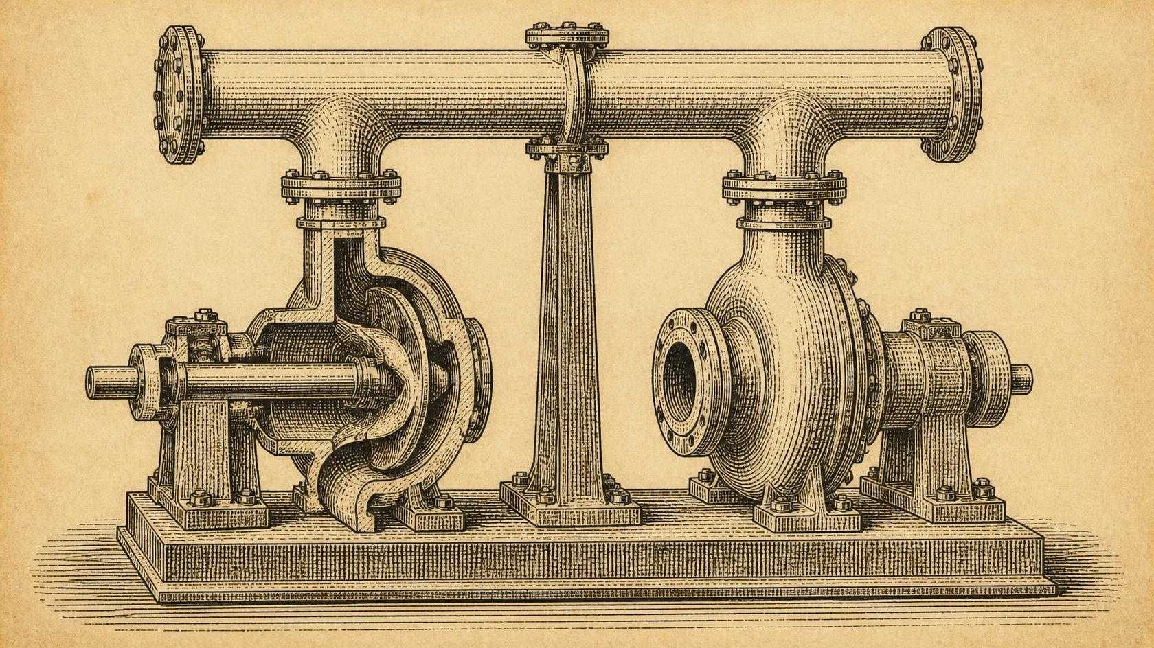 Engraved cutaway drawing of two identical centrifugal pumps mounted in parallel on a common base, sharing one discharge header.