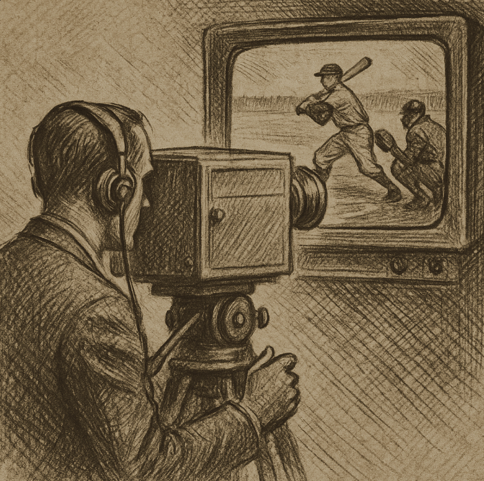 Sepia sketch of early television camera broadcasting a baseball game