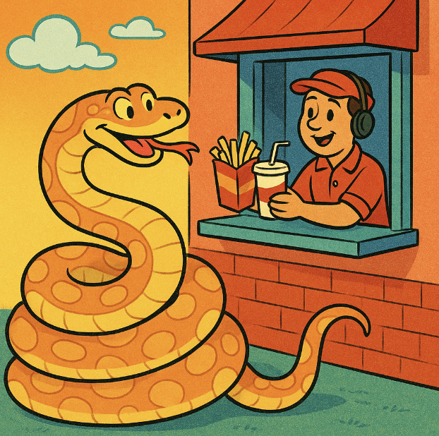 A large python coiled near a fast-food drive-thru window