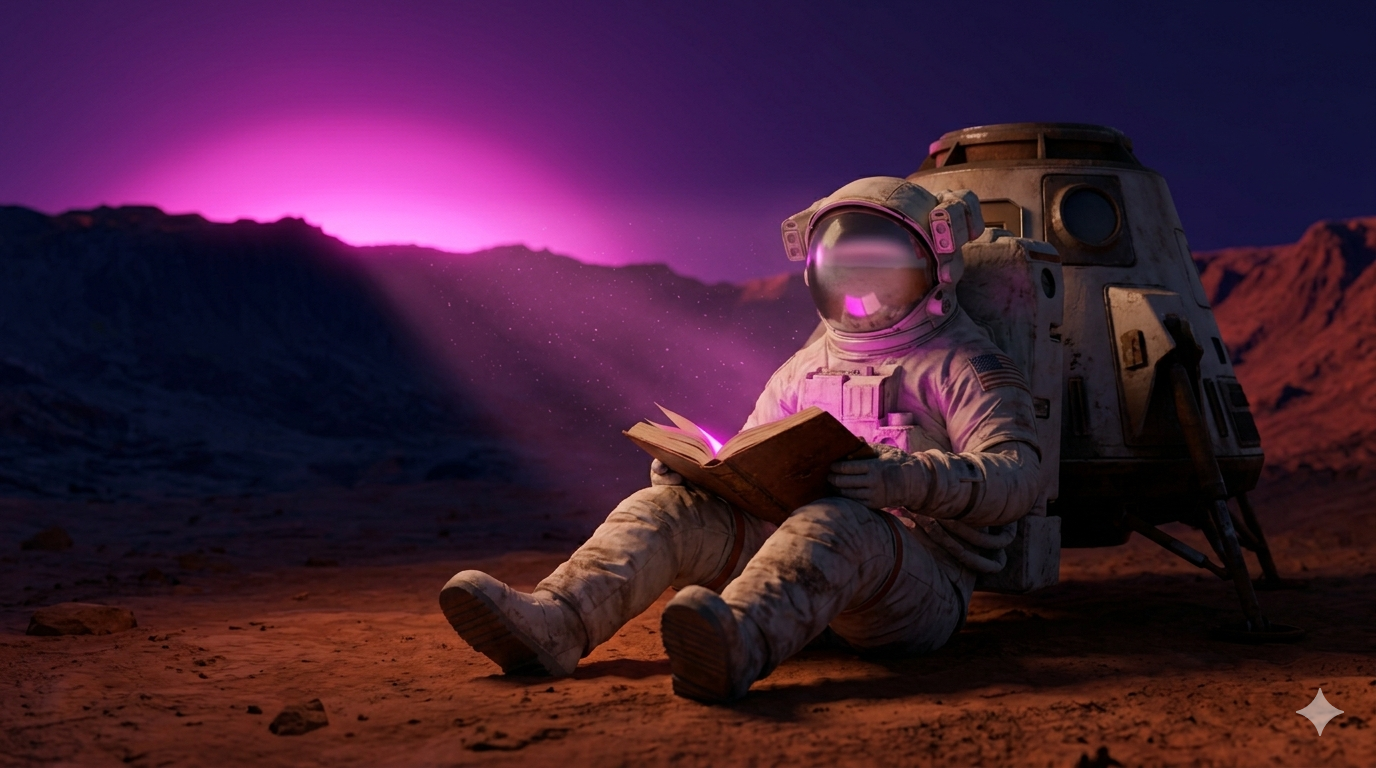 Astronauta com caderno aberto em Marte sob luz magenta