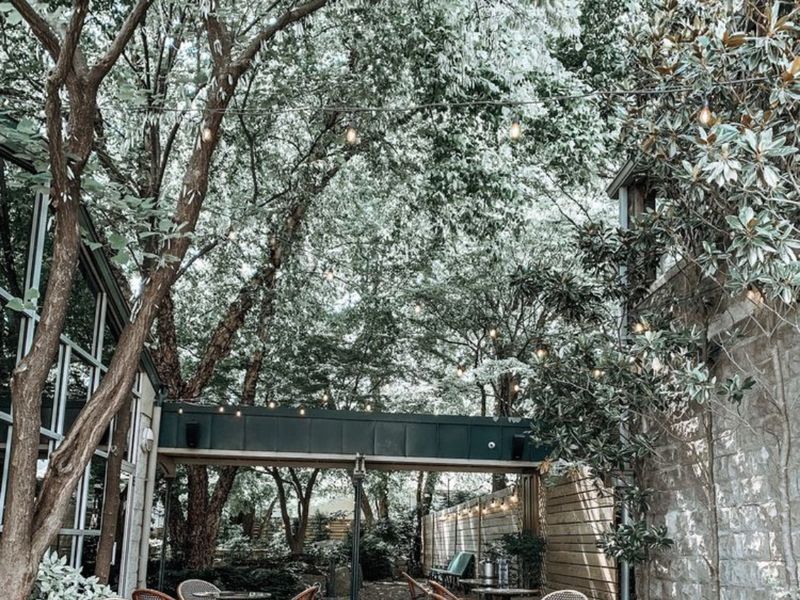 Tree-covered garden patio with bistro chairs at Nouvelle