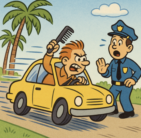 A cartoon of a speeding car with a driver clutching a comb.