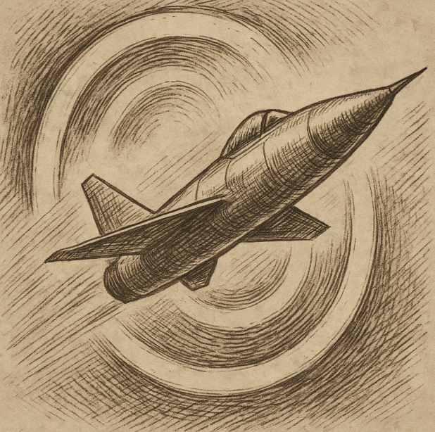 Sepia ink sketch of a mid-century jet plane breaking the sound barrier, stylized shockwave rings, cross-hatched shading on aged paper