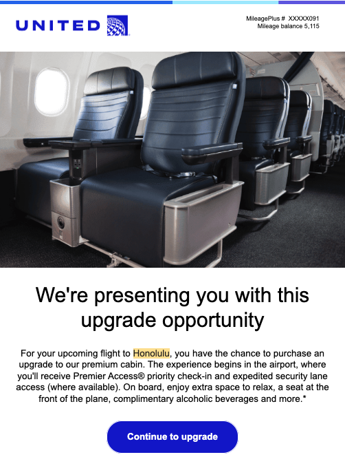 United ancillary upsell email