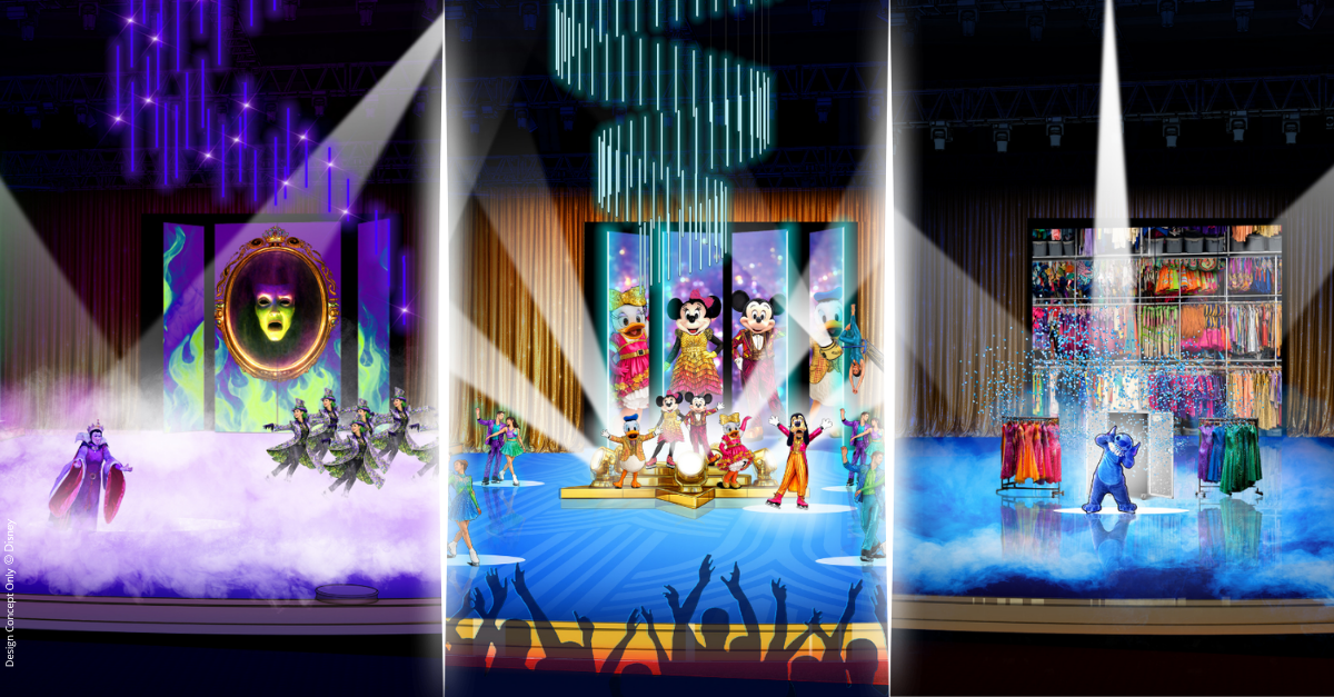 Official concept artwork for Disney On Ice presents Spotlight Magic, showing characters and stage designs