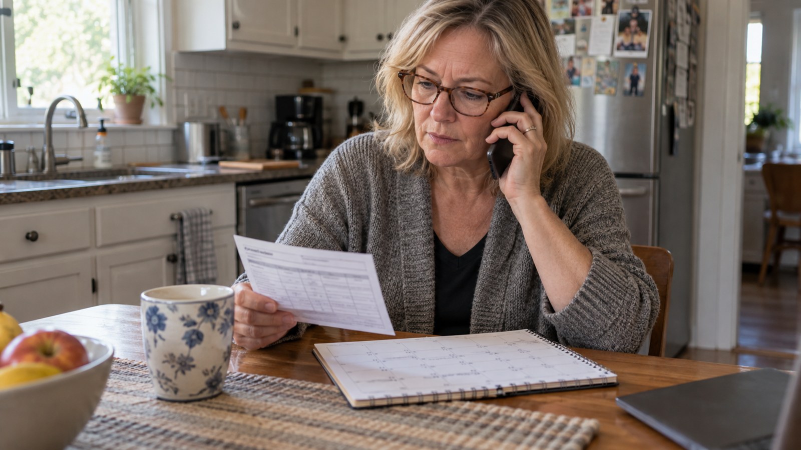 A woman in her50s seated at kitchen table checking a generic vaccination record and calendar while making a phone call, record details unreadable, no needles or medicine brands.
