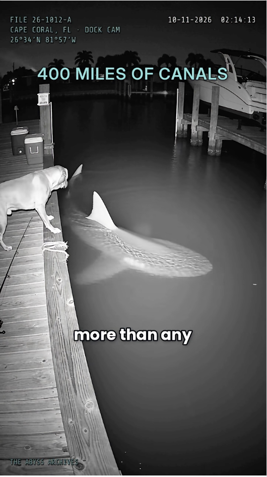 A night-vision security camera view of a wooden dock over a canal, with a large shark shape splashing in the water, a time-stamped scene generated with AI