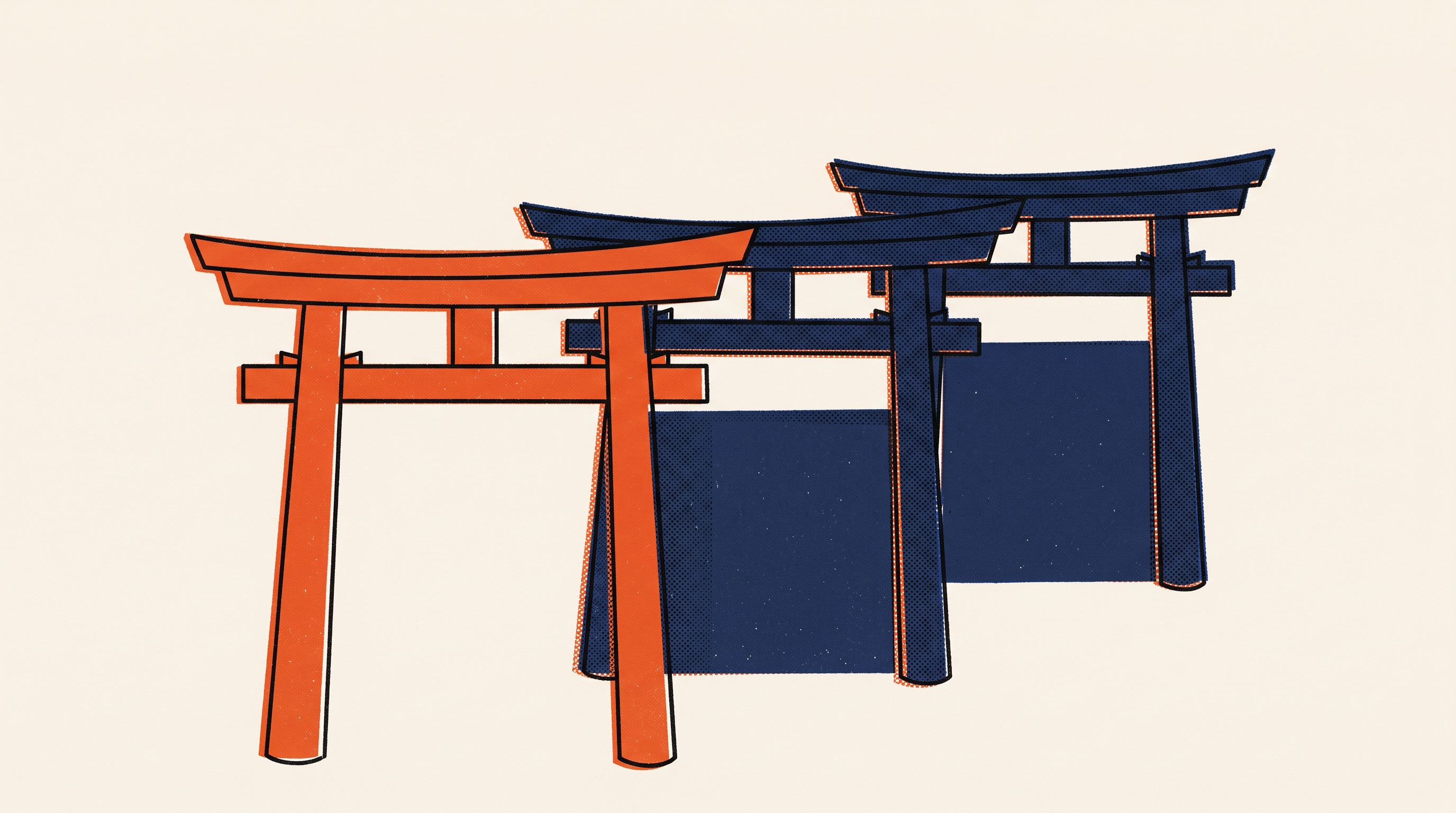 Three torii gateway forms receding, the nearest one standing open