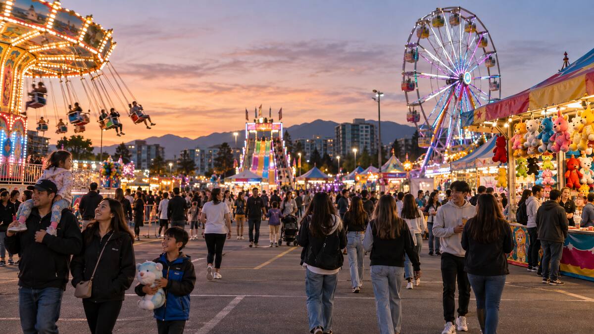 Families enjoying carnival rides and games at a Richmond British Columbia midway