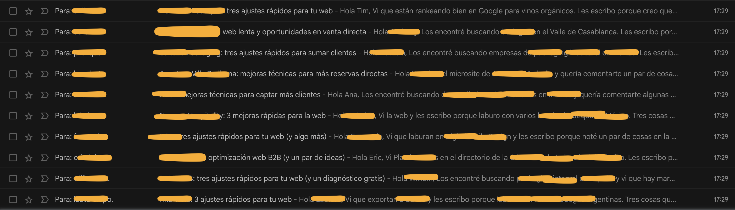 Carpeta de borradores de Gmail con los 6 mails del Studio sin enviar