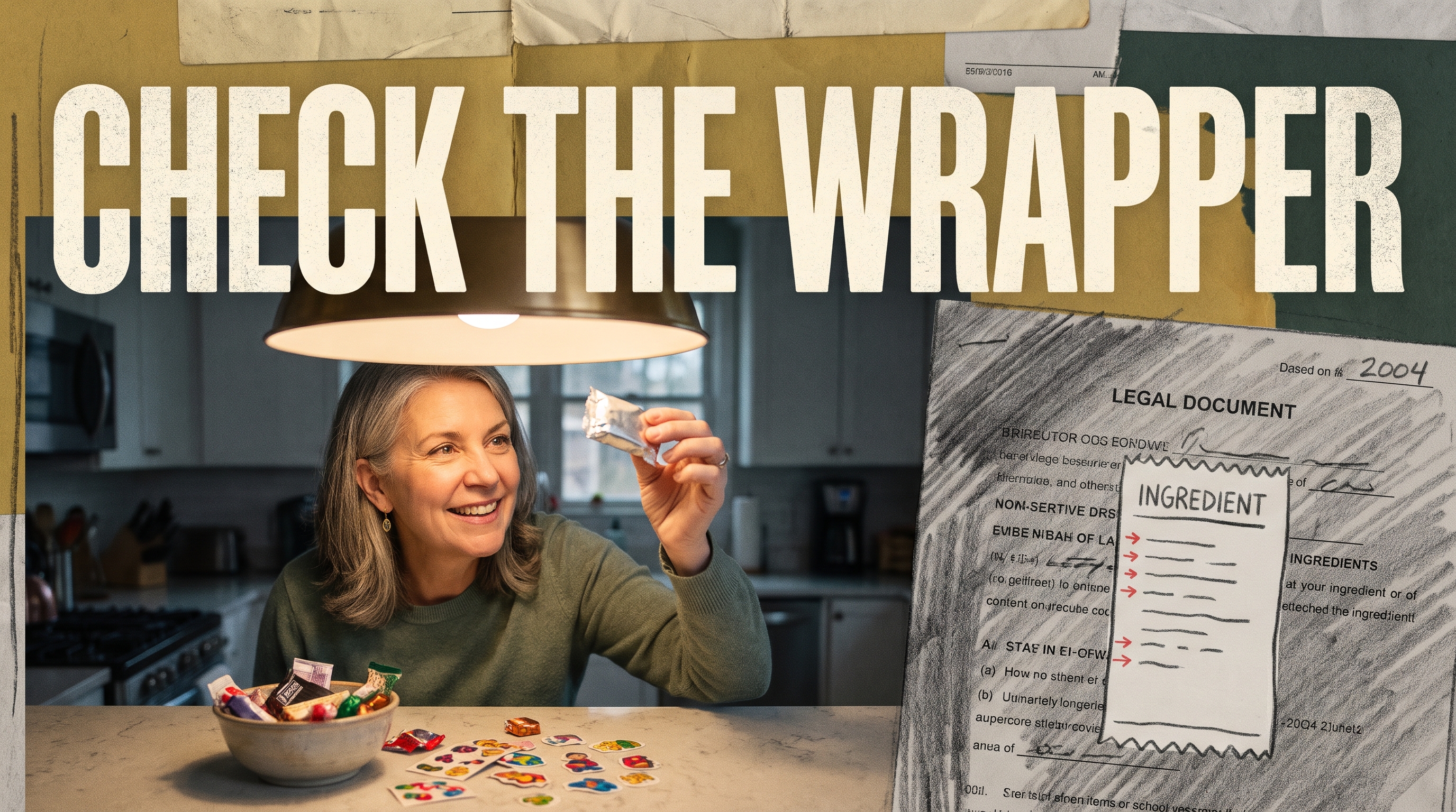 Illustrative documentary collage: CHECK THE WRAPPER