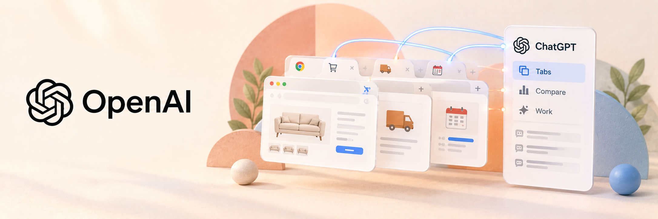 OpenAI ChatGPT Chrome extension banner showing multiple browser tabs and a ChatGPT sidebar for comparing information and completing tasks