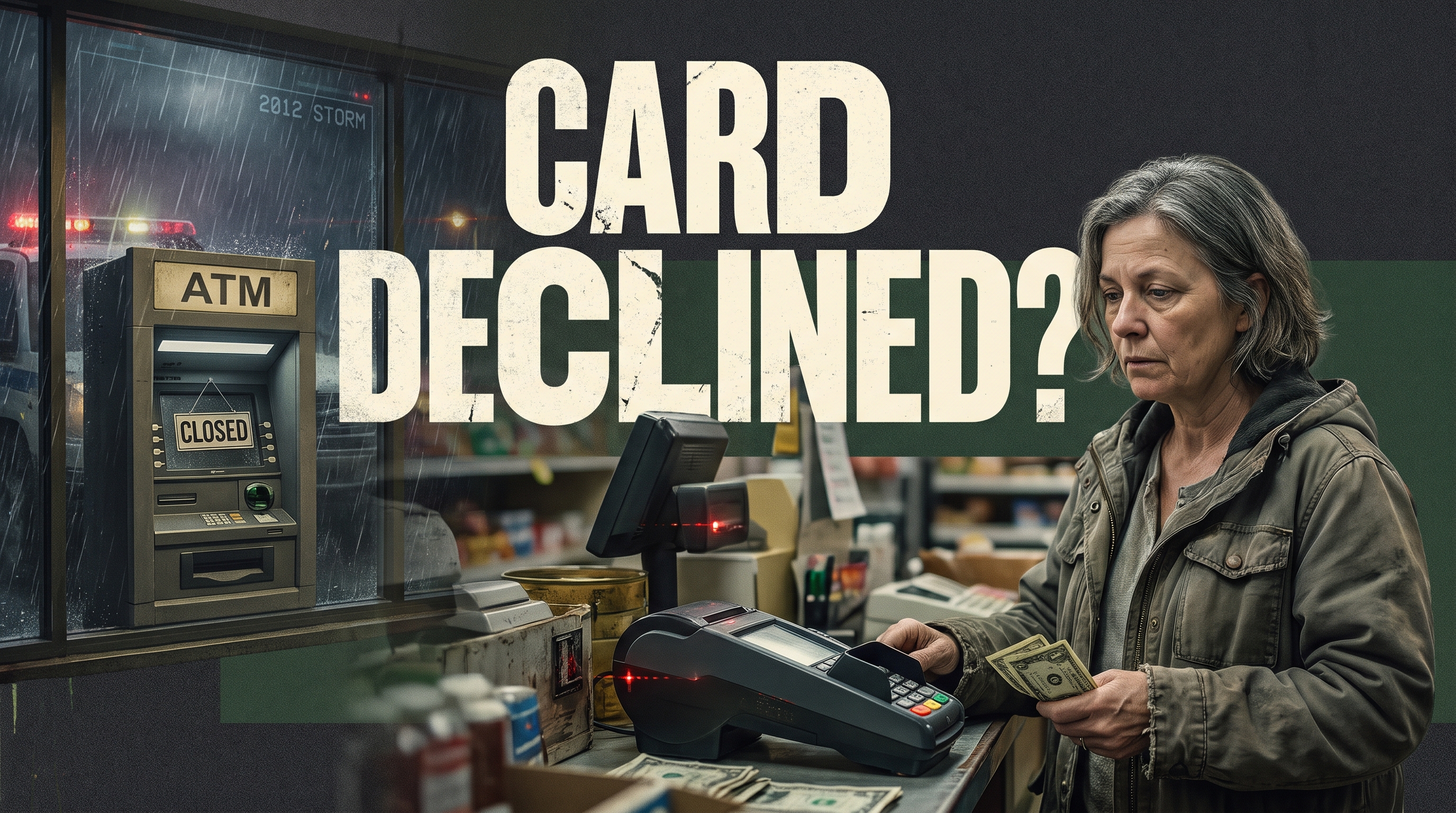Illustrative documentary collage: CARD DECLINED?