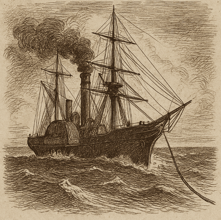 Sepia ink sketch of a 19th-century ship laying telegraph cable across the Atlantic, cross-hatched shading on aged paper