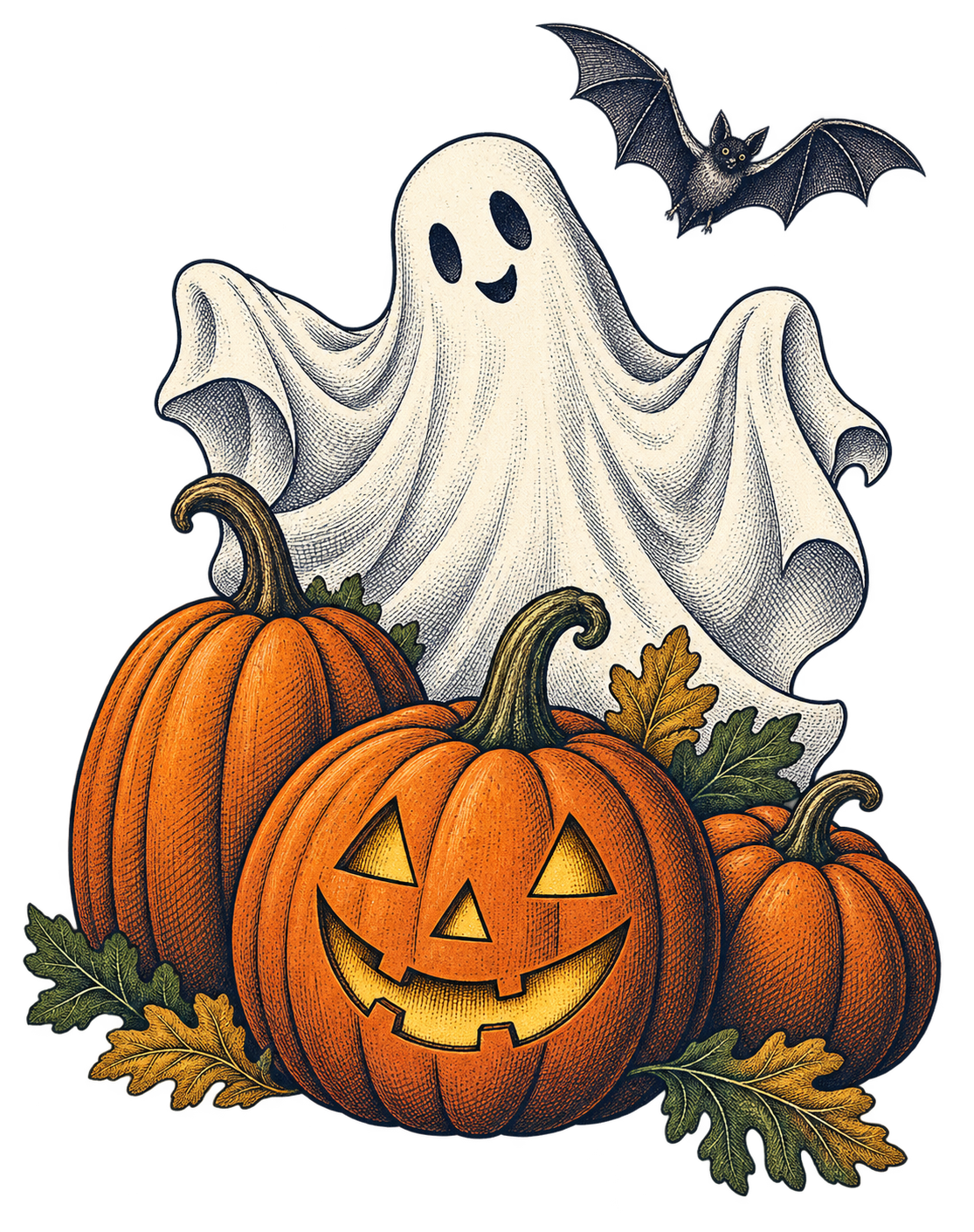 A friendly ghost, pumpkins and a bat