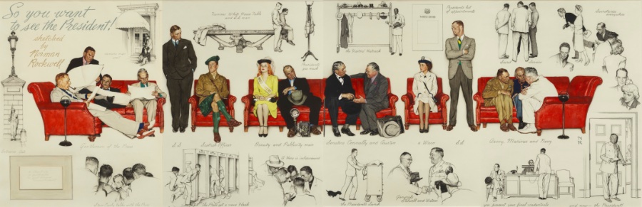 Painting of people waiting in a White House hall, with red chairs, a coat rack, two men shaking hands, a woman in white and a tall standing man