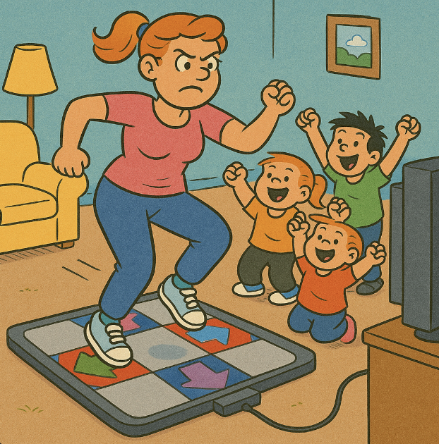 A cartoon of a determined woman dancing energetically on a video game mat surrounded by cheering kids - Vibrant colors, cartoon style with exaggerated content. An art style mix of Family Circus and The Jetsons.