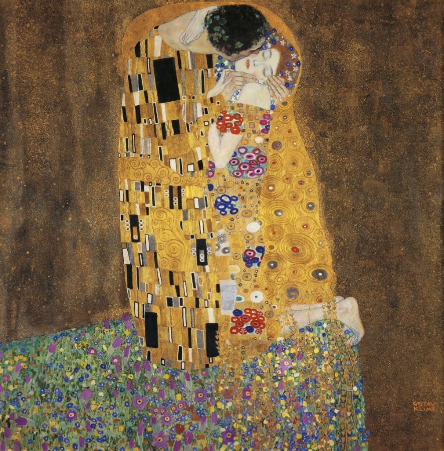 Painting of a couple wrapped in a gold patterned robe, the man kissing the woman's cheek, kneeling on a flowered meadow against a brown background