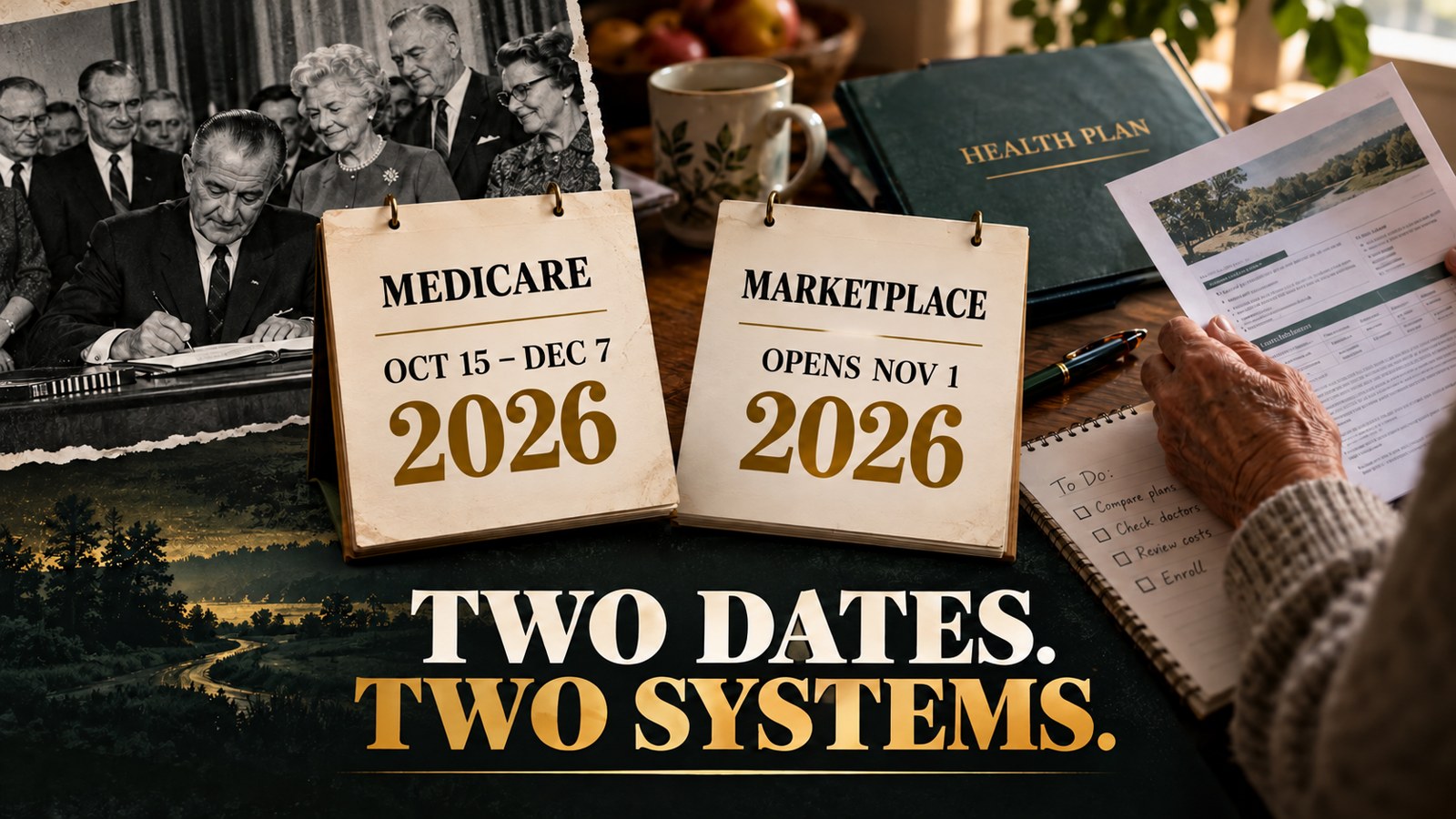 Illustrative documentary collage: TWO DATES. TWO SYSTEMS.