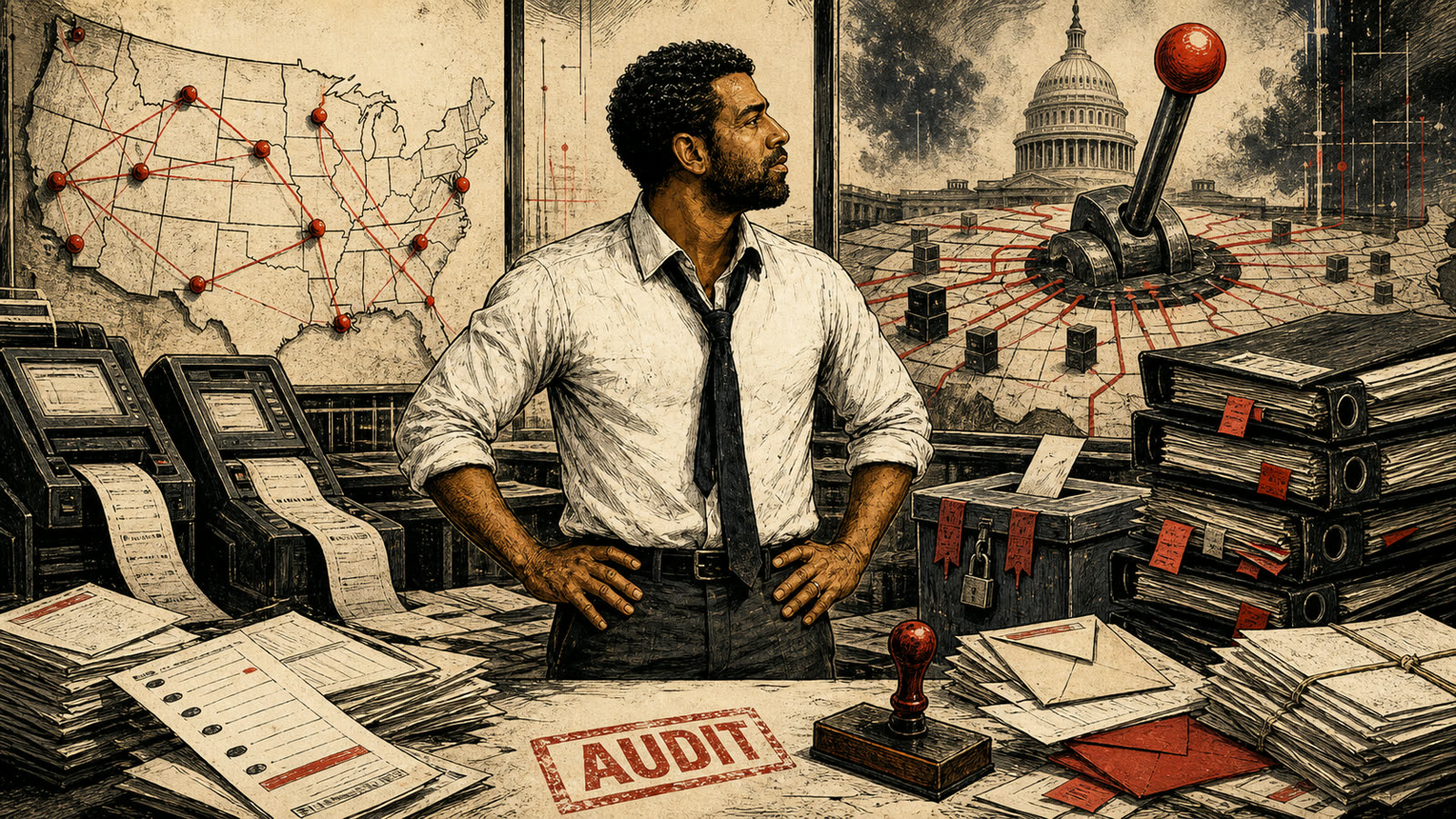 Illustrated Michael Starr Hopkins in the Burn the Playbook house style standing inside an election accountability room with voting machines, audit papers, map pins, and a federal control lever