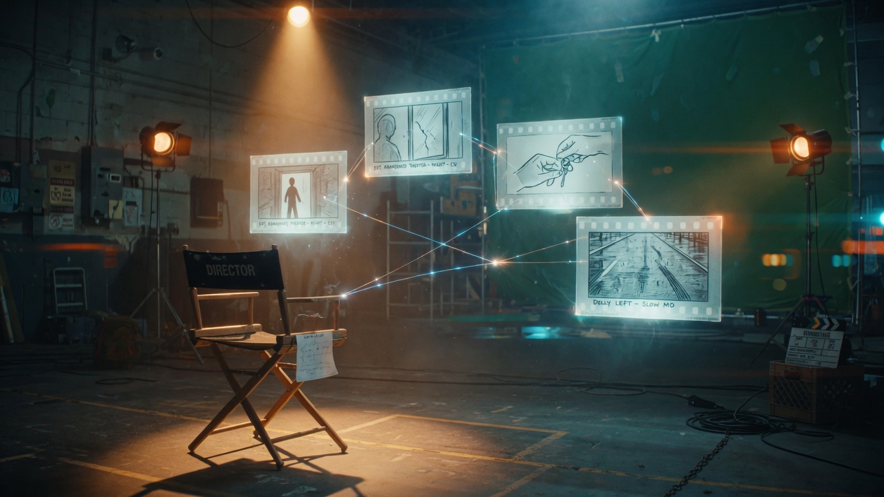 Director's chair lit by a spotlight under floating storyboard panels