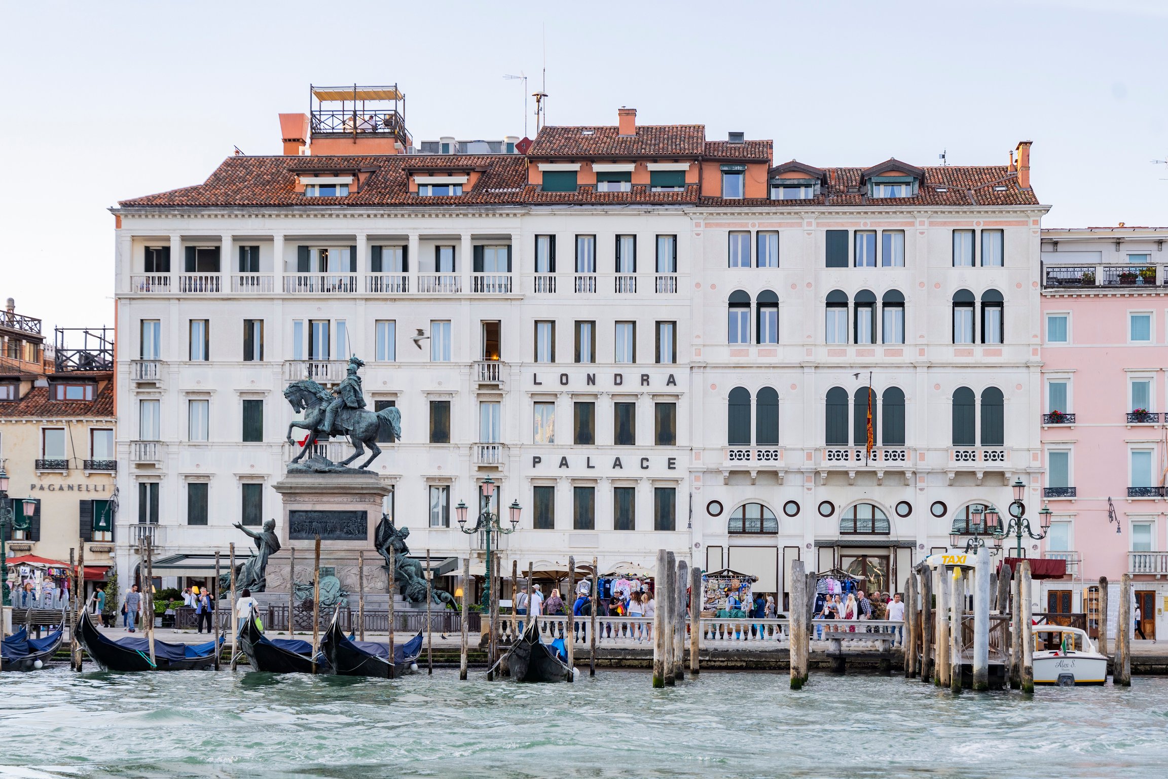 Waterfront facade of Londra Palace on Venice's Riva degli Schiavoni
