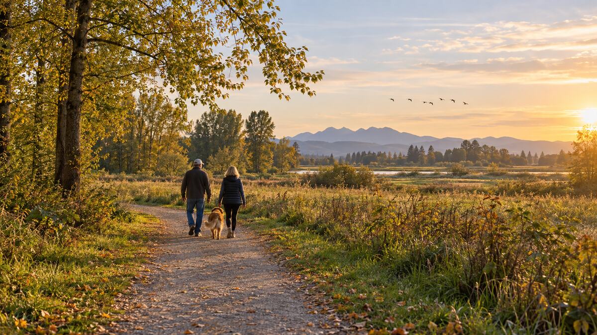 A couple walking a dog on a quiet autumn trail through North 40 Park Reserve in Delta