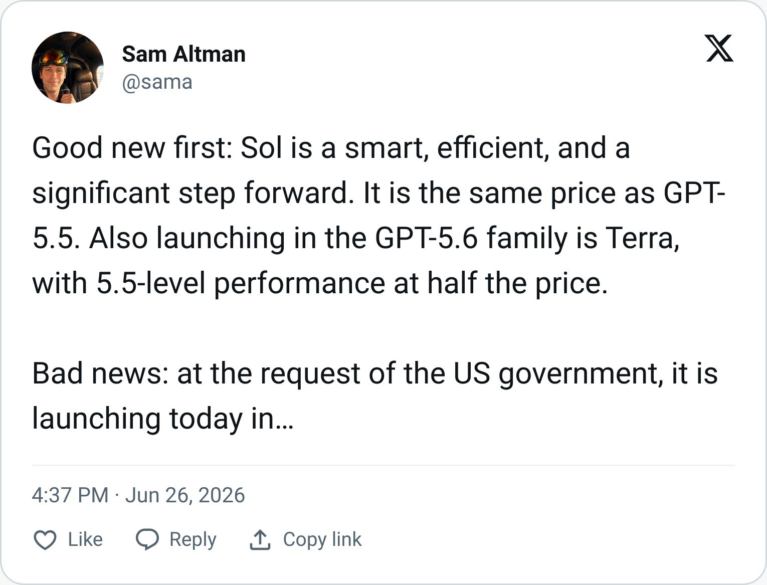 Sam Altman tweet previewing GPT-5.6